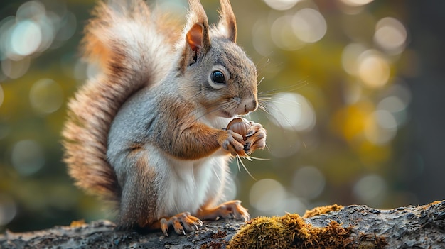 a squirrel eating a nut with a blurry background