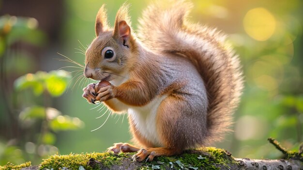 a squirrel eating a nut with the sun behind him