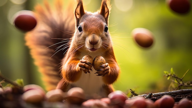 Photo a squirrel eating a piece of wood with a piece of wood in the background