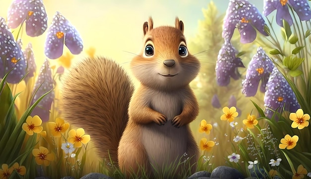 A squirrel in a field of flowers