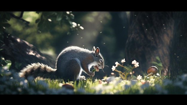 A squirrel in a field of flowers