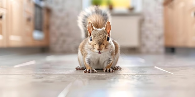 Squirrel on the floor in a modern kitchen Concept Wildlife Home Decor Unusual Encounters