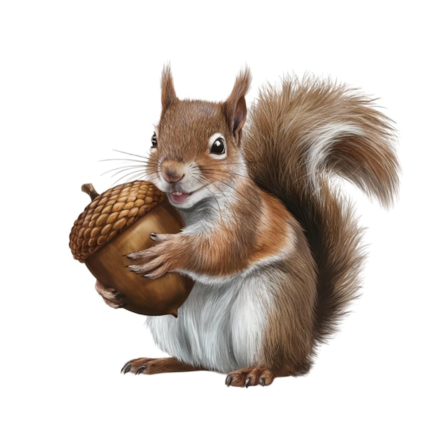 Squirrel holding an acorn isolated on white background