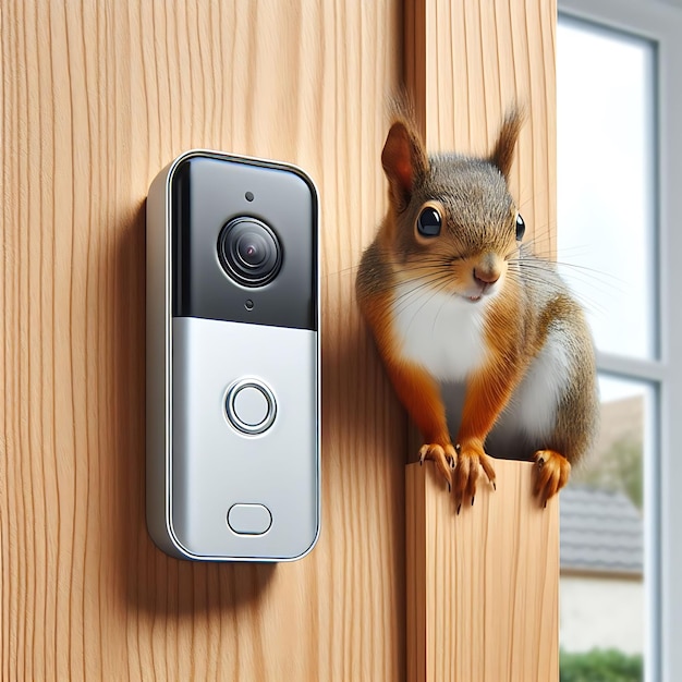 Photo a squirrel is on a door and a phone is on the door