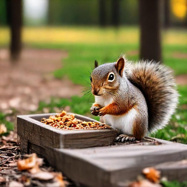 a squirrel is eating food from a box that says squirrel