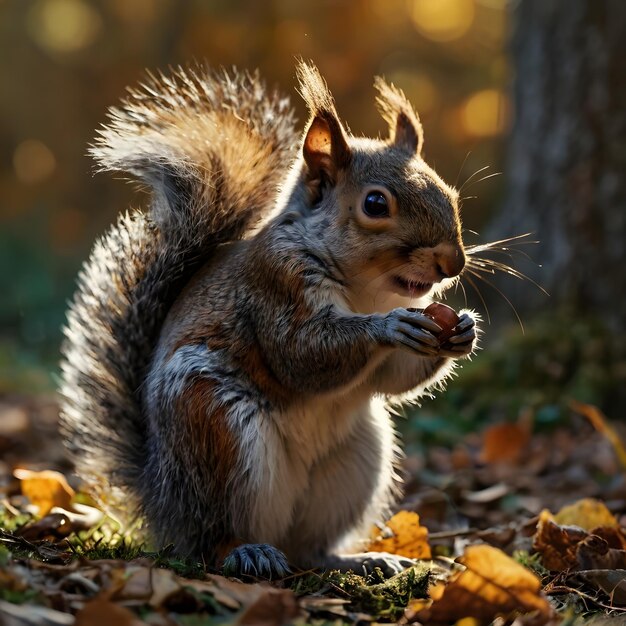 Photo a squirrel is eating a nut in the fall