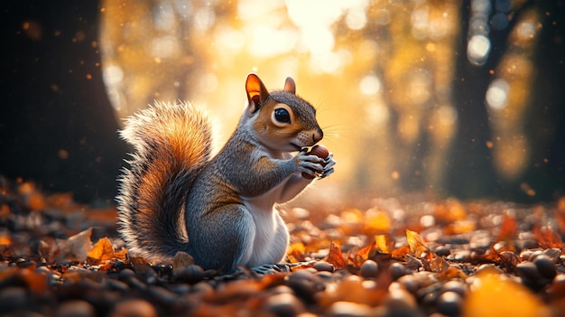 a squirrel is eating something from a pile of nuts