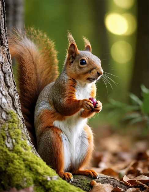 a squirrel is eating something from a tree in the woods