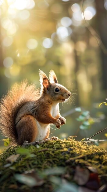 a squirrel is looking at the camera and the picture is taken in the forest