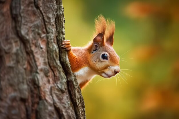 Photo a squirrel is looking down from a tree trunk