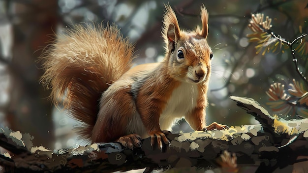 a squirrel is sitting on a branch with a bird in the background