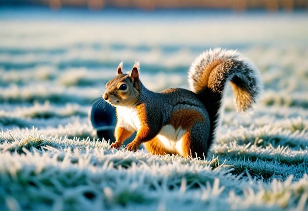 a squirrel is sitting in the frosty grass with a ball in his mouth