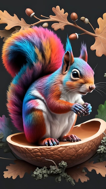 a squirrel is standing on a bowl with a rainbow colored tail