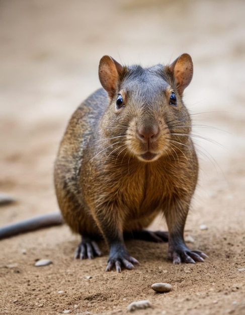 a squirrel is standing in the dirt and looking at the camera