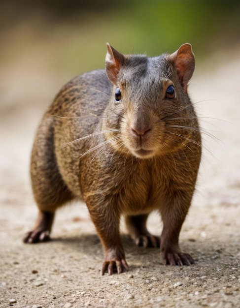 a squirrel is standing on a gravel path and looking at the camera