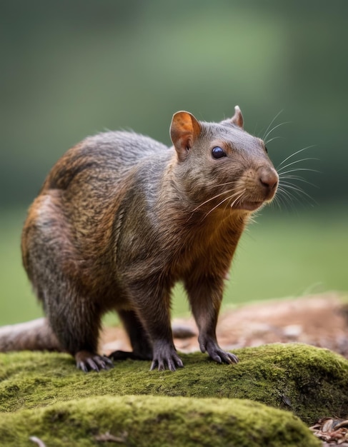 a squirrel is standing on a log with the letter r on it