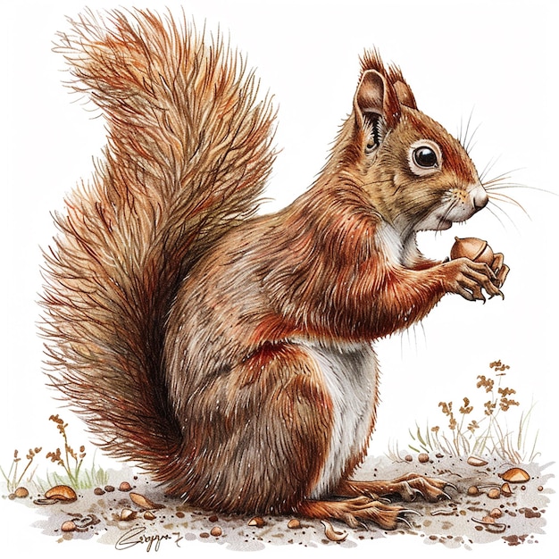 Squirrel isolated pencil drawing on white paper artwork