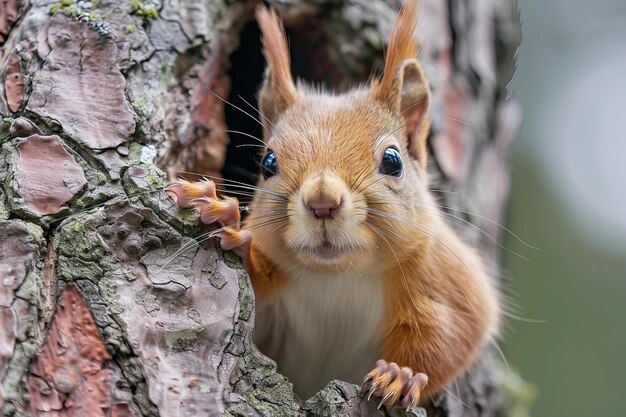 a squirrel looking out of a hole in a tree