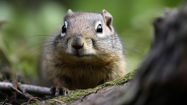 A squirrel looks out from a tree branch.