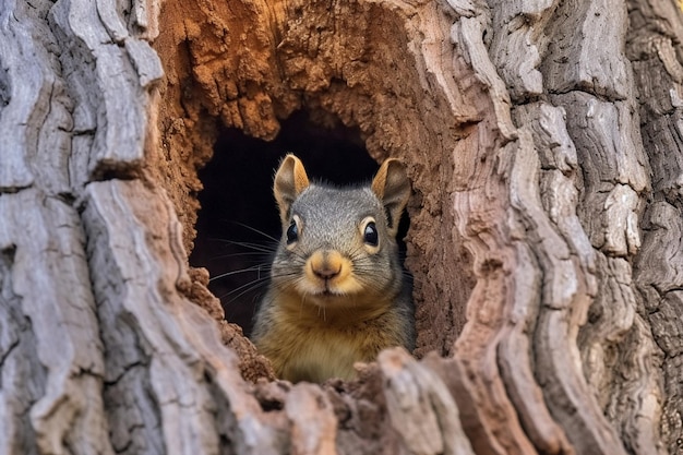 A squirrel looks out of a hollow tree.