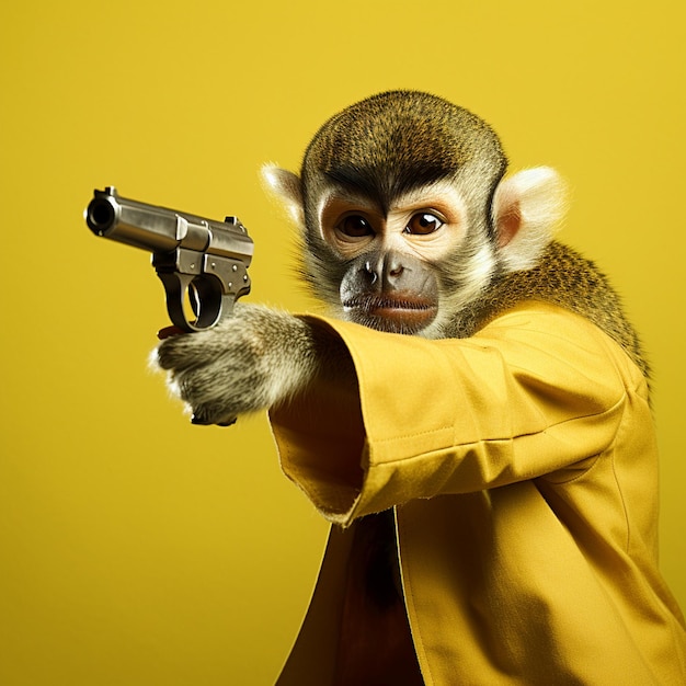 Squirrel monkey aiming a pistol dressed holding a gun