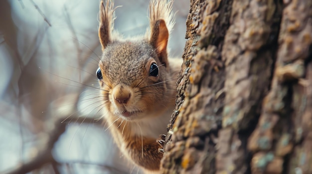 A squirrel peeking from behind a tree trunk