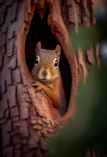 Squirrel peeking out from behind a tree generative ai