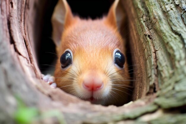 Squirrel peeking out of a hole in a tree trunk