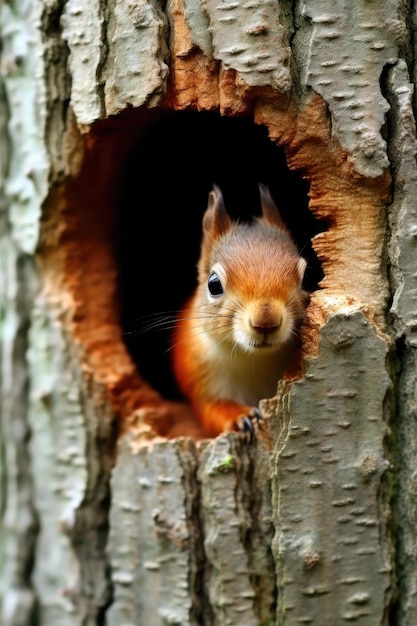 a squirrel peeking out of a hole in a tree