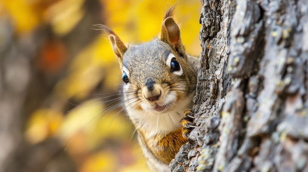 A squirrel peeks out from behind a tree trunk with autumn leaves blurred in the background