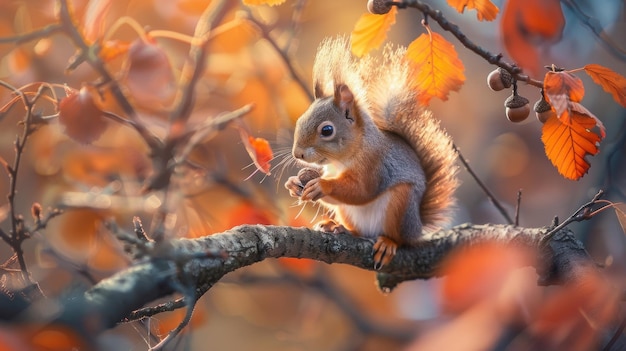 A squirrel perched on an autumn tree branch showcasing its bushy tail