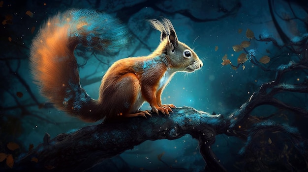 A squirrel sits on a branch in a forest.