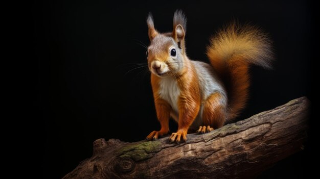 Squirrel Sitting on Tree Branch Isolated on a black background Copy space Generative AI