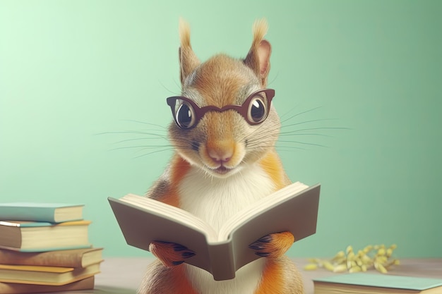 Squirrel Smiling Bookworm Character Wearing Glasses And Reading A Book Illustration Part Of Animals