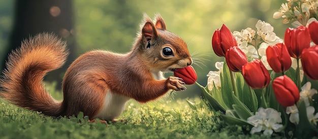 Photo squirrel sniffing a red tulip in springtime