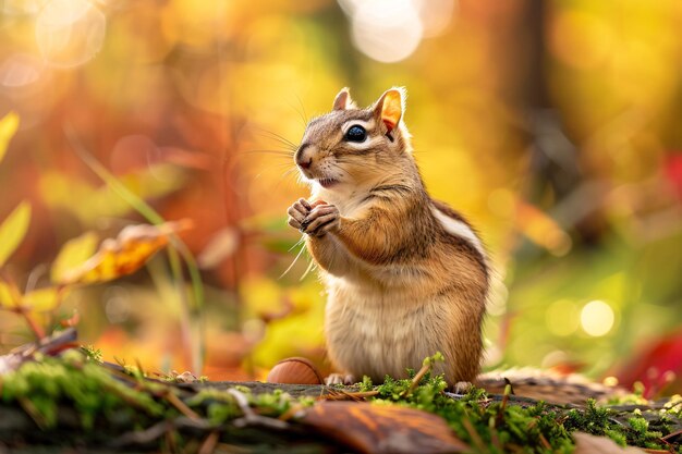 a squirrel standing on a log with its paws on a nut