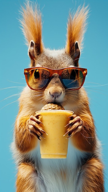 A squirrel in sunglasses holds a cup of food in its jaw