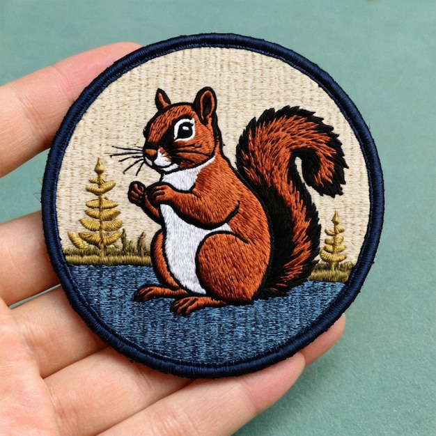 a squirrel that has a patch that says squirrel on it