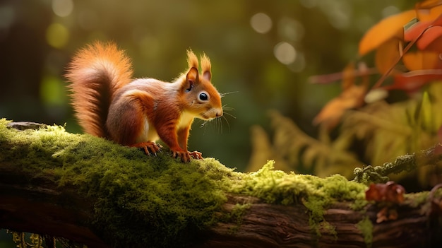 a squirrel that is sitting on a mossy branch