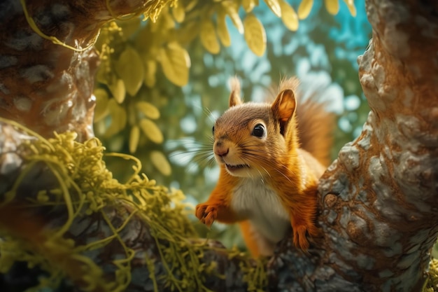 A squirrel in a tree with a green background and a tree with leaves