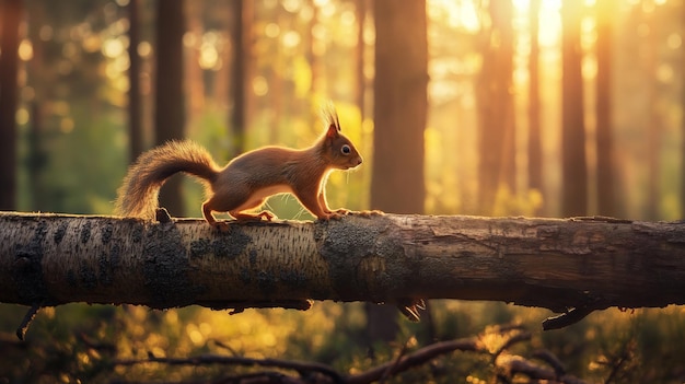 Squirrel walking on a wooden trunk in the forest