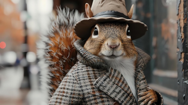 Photo a squirrel wearing a brown hat and coat is standing on a city street the squirrel is looking at the camera with a curious expression