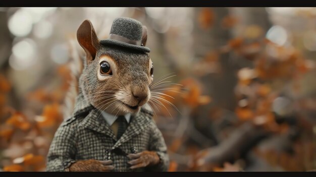 Photo a squirrel wearing a hat and coat is standing in a forest the squirrel is looking at the camera with a curious expression