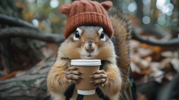 Photo a squirrel wearing a hat and holding coffee cup in its mouth ai