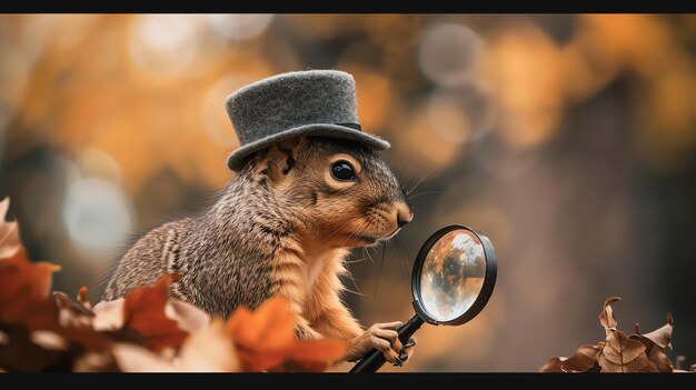 Photo a squirrel wearing a top hat and holding a magnifying glass