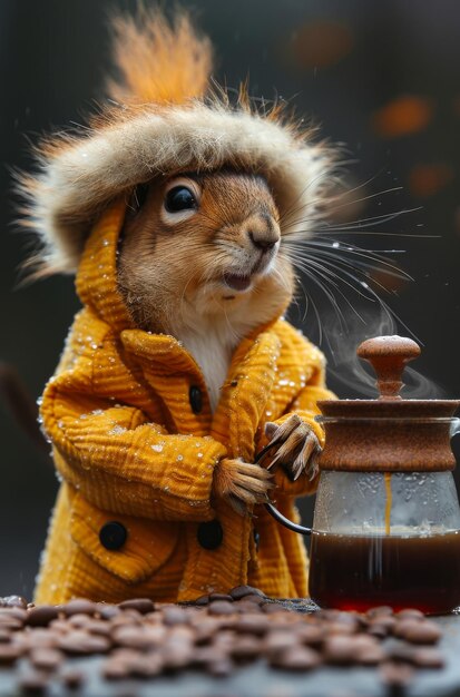 A squirrel wearing a yellow coat and hat is holding a coffee mug