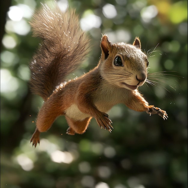 Photo a squirrel with a brown tail is holding a twig in its mouth