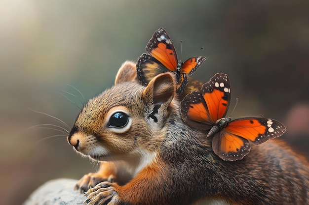 Photo a squirrel with butterflies on its back and a picture of a squirrel on the right