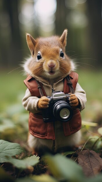 Photo a squirrel with a camera and a camera in his hands