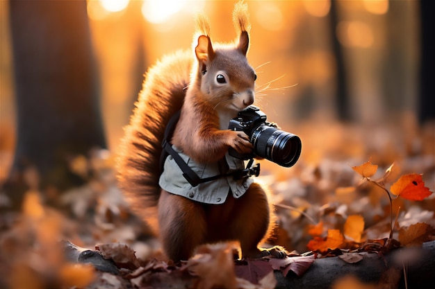 a squirrel with camera on tripod in wild life forest